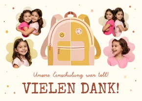Foto-Dankeskarte 1. Schultag Zwilling rosa-gelber Rucksack