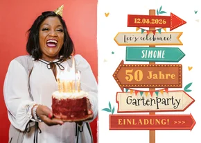 Foto-Einladungskarte Gartenparty Wegweiser