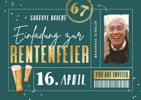 Foto-Einladungskarte Ticketlook Rentenfeier Barcode