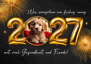 Foto-Neujahrskarte Luftballon 2027 Feuerwerk