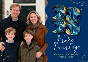 Foto-Weihnachtskarte Jahreszahl Marmor-Look blau 2026
