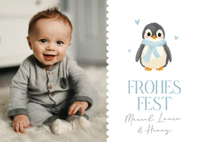 Foto-Weihnachtskarte Pinguin mit Schal hellblau