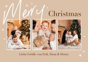 Fotocollage Merry Christmas braun weiße Sterne 3 Fotos
