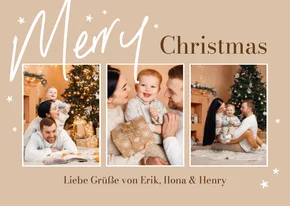 Fotocollage Merry Christmas braun weiße Sterne 3 Fotos