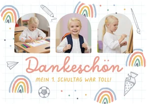 Fotokarte Danksagung Einschulung Regenbogen & Doodles