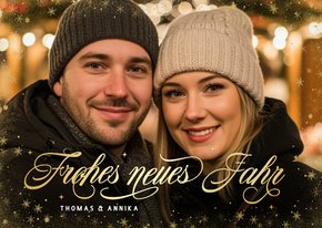 Fotokarte Neujahrsgrüße Goldsternenrand Schriftzug
