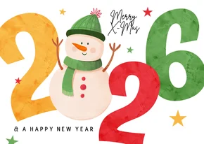Fröhliche Weihnachtskarte Jahreszahl und Schneemann