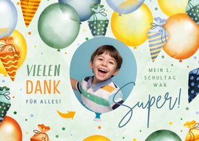 Grüne Dankeskarte zur Einschulung Lufballons & Schultüten