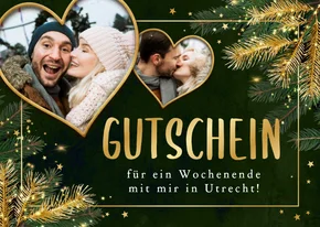 Gutscheinkarte Fotocollage Weihnachten Herzen Tannenzweige 
