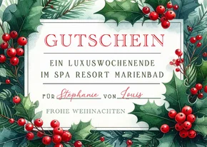 Gutscheinkarte Weihnachten botanisch Ilex Aquarell