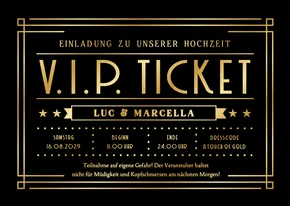 Hochzeitseinladung schwarz-gold Artdeco VIP-Ticket