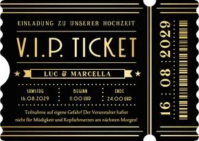 Hochzeitseinladung Ticketform schwarz-gold Artdeco 
