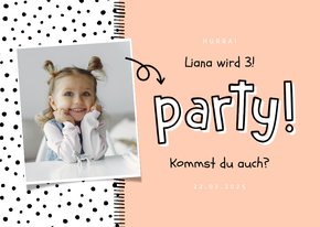 Kindergeburtstag Einladung eigenes Foto, Punkte und 'Party!'