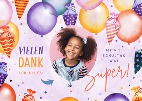 Lila Danksagung zur Einschulung Lufballons & Schultüten