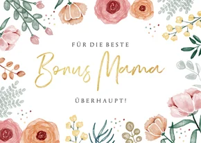 Muttertagskarte mit Blumenrahmen 'Bonus Mama'