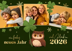 Neujahrskarte Fotocollage Eule Kleeblättern