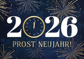 Neujahrskarte Zwölf Uhr und Feuerwerk