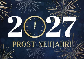 Neujahrskarte Zwölf Uhr und Feuerwerk