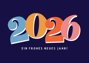 Postkarte bunte 2026 auf dunkelblau
