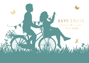 Save-the-Date Karte Paar Scherenschnitt Fahrrad