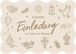 Taufkarte Wellenrand Einladung Doodles braun