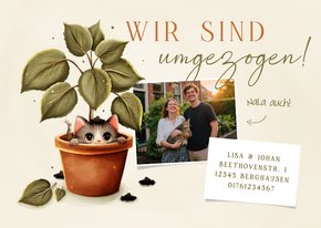 Umzugskarte Topfpflanze Tigerkatze mit Foto neue Adresse