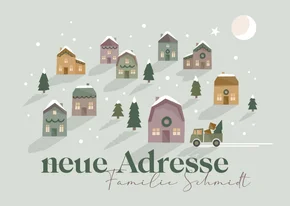 Umzugskarte Weihnachten Häuser mit Umzugswagen