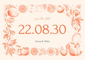 Vintage Save-the-Date Karte Früchte Linienzeichnung Hochzeit