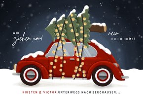 Weihnachtliche Umzugskarte VW Käfer mit Weihnachtsbaum