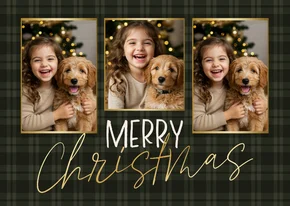 Weihnachts-Fotocollage-Karte Tartan Karo dunkelgrün