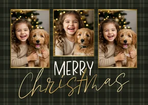 Weihnachts-Fotocollage-Karte Tartan Karo dunkelgrün