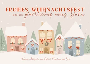 Weihnachtskarte bunte Häuserreihe im Schnee