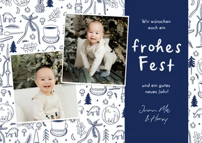 Weihnachtskarte Fotocollage Blau Doodles