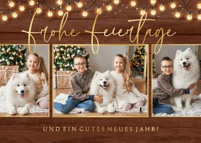 Weihnachtskarte Fotocollage Lichterkette auf Holz