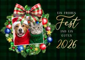 Weihnachtskarte Kranz mit Schleife kariert und Foto