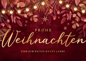 Weihnachtskarte Lichterkette & Zweige dunkelrot Aquarell