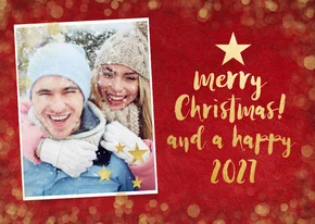 Weihnachtskarte rot mit Foto und Goldschrift