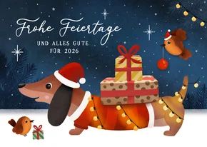 Weihnachtskarte Weihnachtsdackel Geschenke im Schnee
