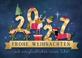 Weihnachtskarte Weihnachtselfen, Rentier & Dackel