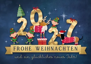 Weihnachtskarte Weihnachtselfen, Rentier & Dackel
