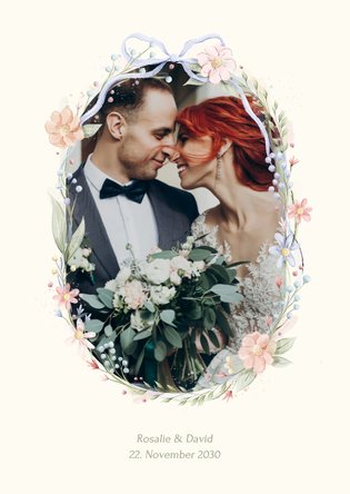 Foto-Dankeskarte Hochzeit Blumenkranz und Schleife
