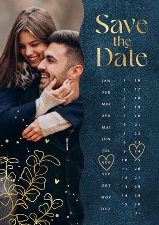 Save-The-Date-Karte Kalender Hochzeitstermin Goldblätter