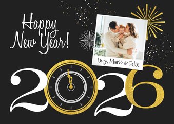 2026 Neujahrskarte mit Uhr und Foto