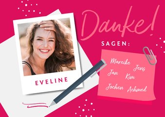 Abschiedskarte Kollegin 'Danke' mit Foto und Notizzettel