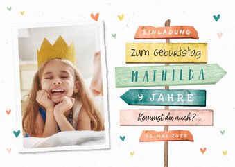 Bunte Einladung 9. Kindergeburtstag Foto & Schild