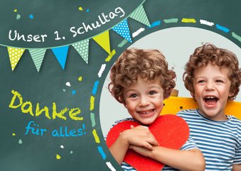 Dankeskarte Einladung grünblau Zwilling Schultafel & Foto