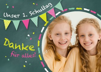 Dankeskarte Einladung grünrosa Zwilling Schultafel & Foto