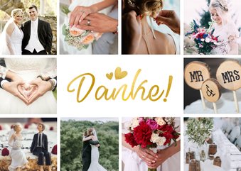 Dankeskarte Hochzeit mit Fotocollage und goldenen Herzen