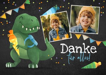 Dankeskarte zur Einschulung lustiger T-Rex & Schultüte