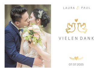 Dankeskarte zur Hochzeit mit goldenen Tauben und Herz